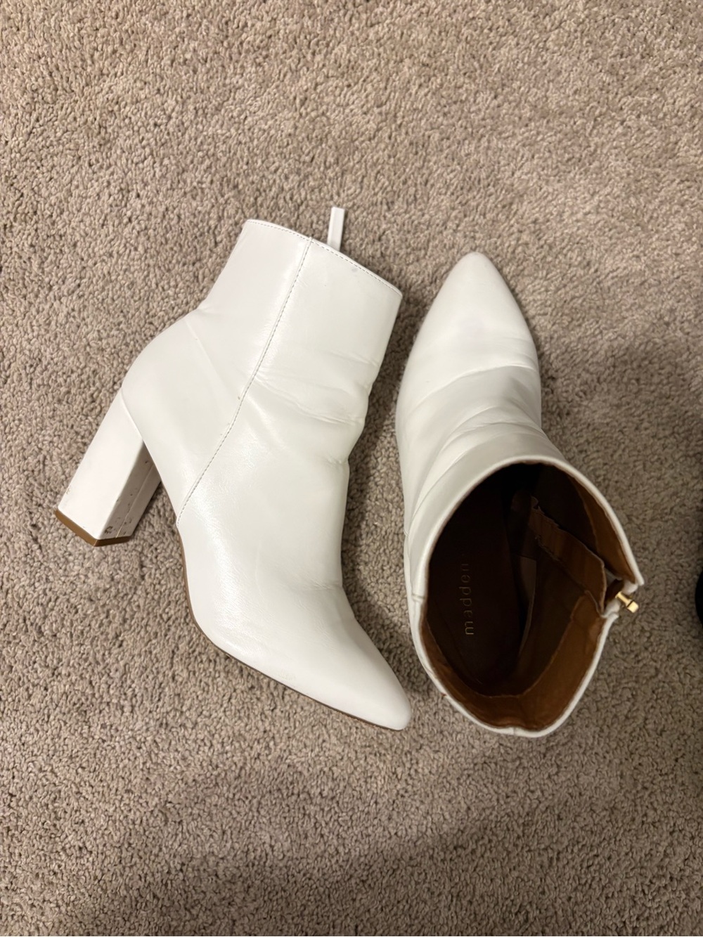 Madden Girl White Pointed Toe Block Heel Ankle Boots